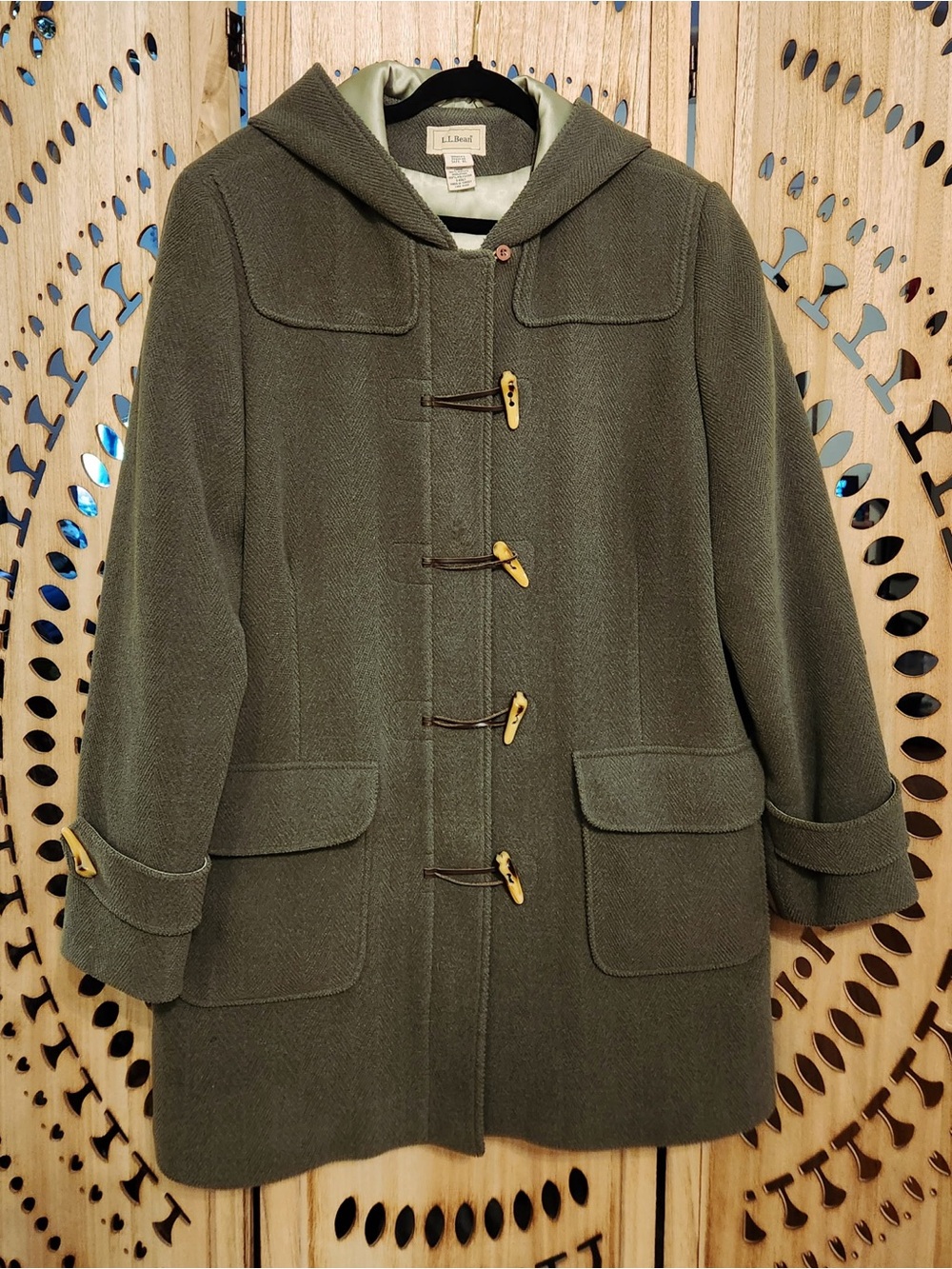 L.L. Bean Olive Green Hooded Toggle Pea Coat